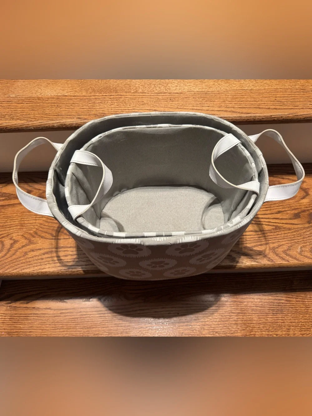 Set of gray & white paw print canvas storage baskets with white leather handles